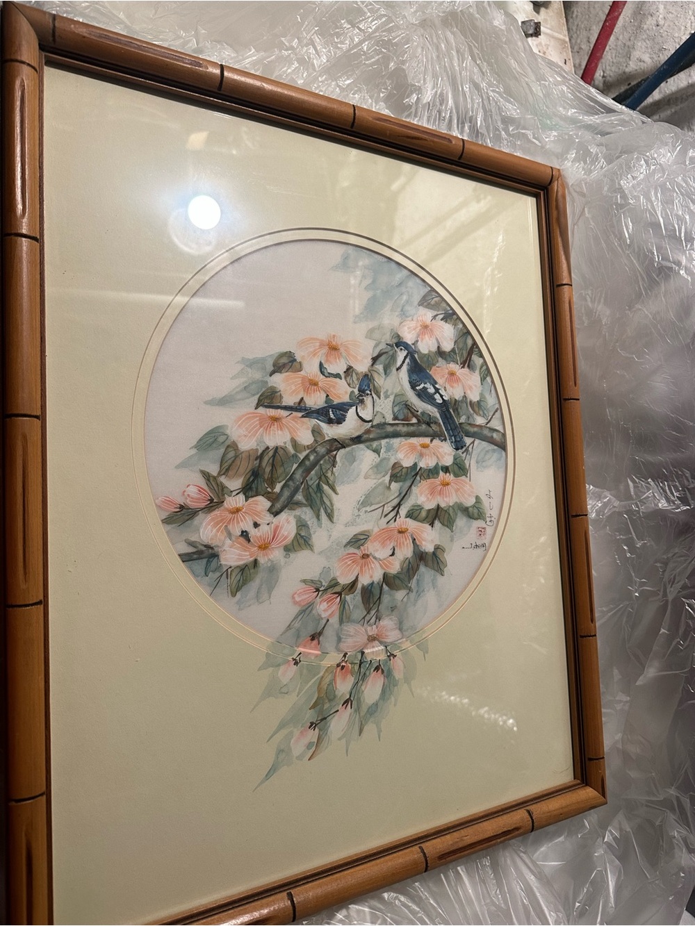 Chang, Framed Peach Blossom & Bird Wall Art - Cream Mat, Tan Frame